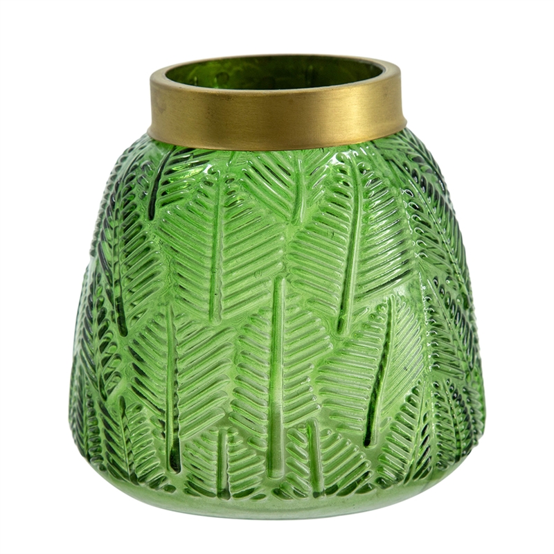 Dsy Floral Vase with Gold Rim- Embossed Fern Leaf- Green Glass 6 Inch
