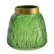 Dsy Floral Vase with Gold Rim- Embossed Fern Leaf- Green Glass 6 Inch