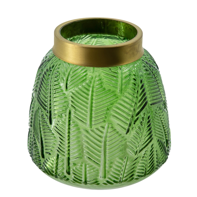 Dsy Floral Vase with Gold Rim- Embossed Fern Leaf- Green Glass 6 Inch