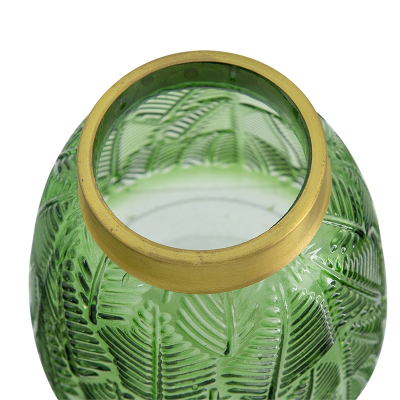 Dsy Floral Vase with Gold Rim- Embossed Fern Leaf- Green Glass 6 Inch