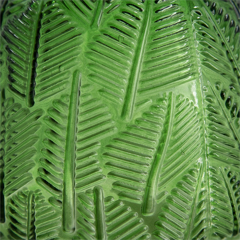 Dsy Floral Vase with Gold Rim- Embossed Fern Leaf- Green Glass 6 Inch
