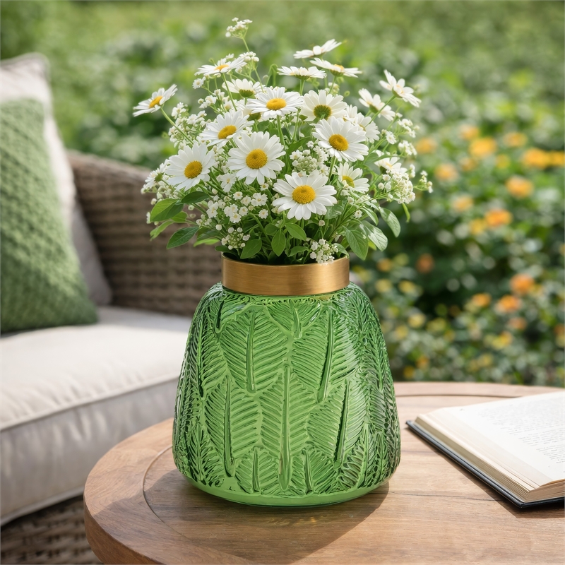 Dsy Floral Vase with Gold Rim- Embossed Fern Leaf- Green Glass 6 Inch