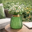 Dsy Floral Vase with Gold Rim- Embossed Fern Leaf- Green Glass 6 Inch