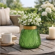 Dsy Floral Vase with Gold Rim- Embossed Fern Leaf- Green Glass 6 Inch