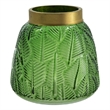 Dsy Floral Vase with Gold Rim- Embossed Fern Leaf- Green Glass 6 Inch