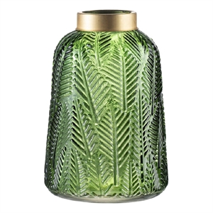 Dsy Floral Vase with Gold Rim- Embossed Fern Leaf- Green Glass 10 Inch