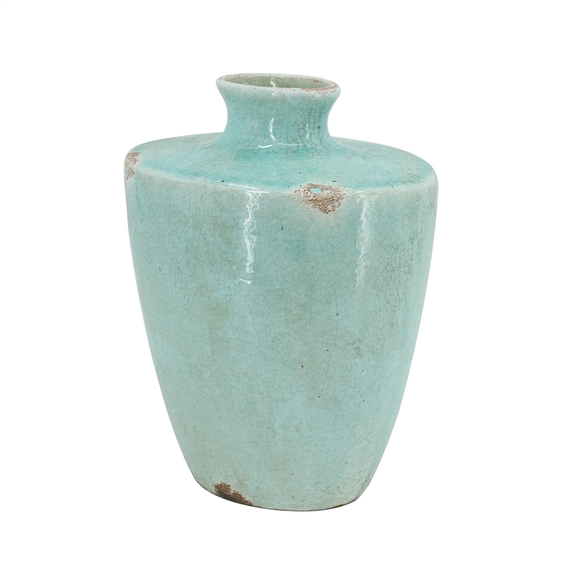 Tery Decorative Flower Vase- 10 Inch- Glazed Blue Patina Terracotta