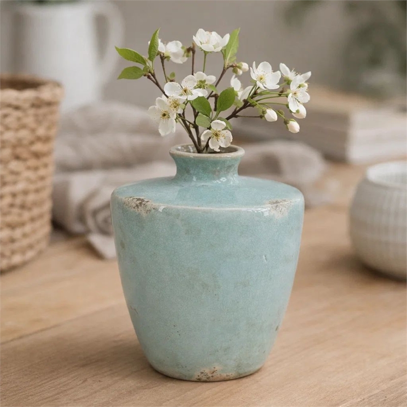 Tery Decorative Flower Vase- 10 Inch- Glazed Blue Patina Terracotta