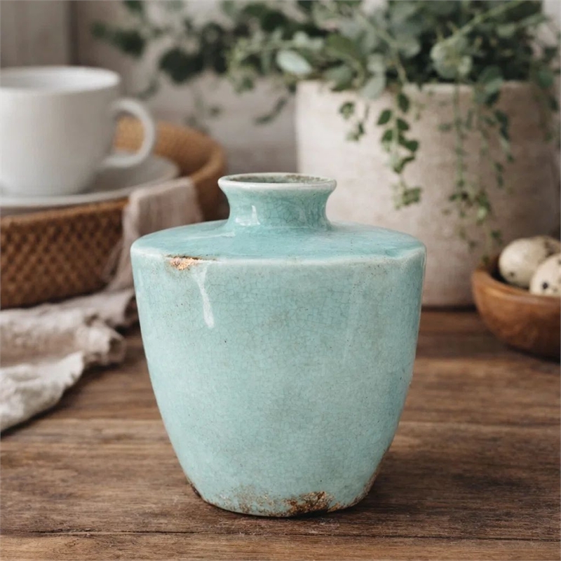 Tery Decorative Flower Vase- 12 Inch- Angled Glazed Blue Patina Terracotta