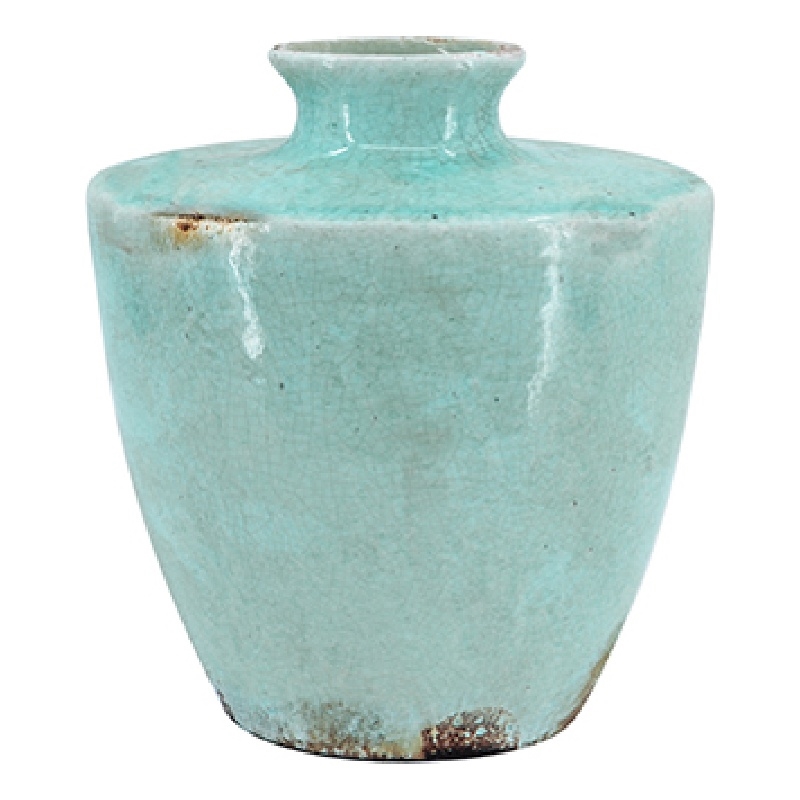 Tery Decorative Flower Vase- 12 Inch- Angled Glazed Blue Patina Terracotta