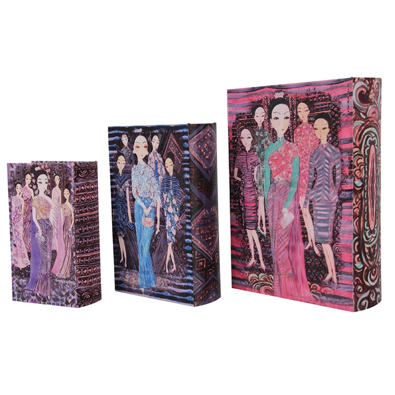 Meer Faux Book Storage Box Set of 3- Pink Black Fashion Illustrations- Silk