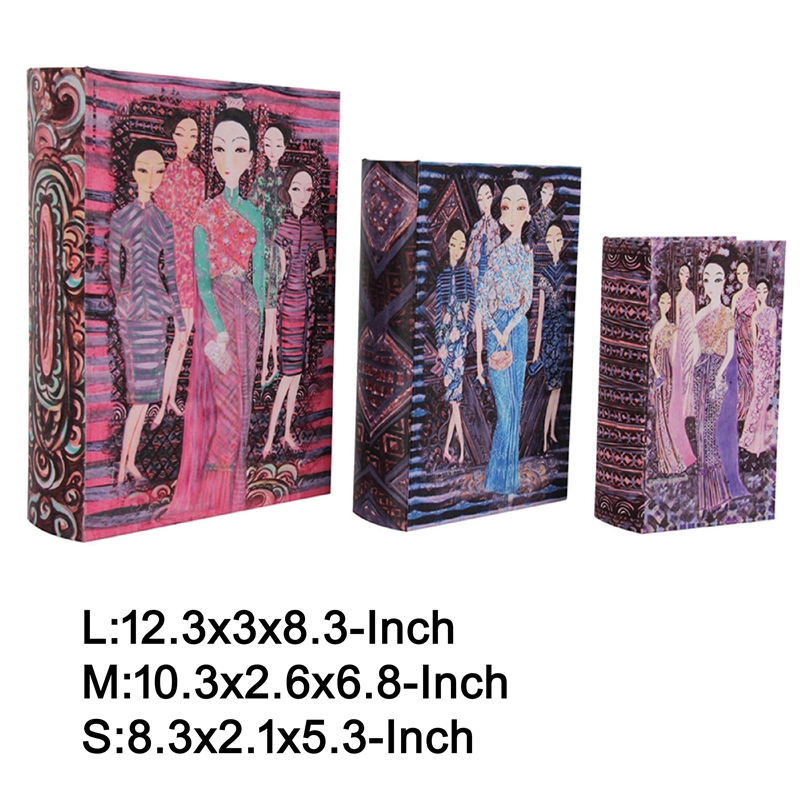 Meer Faux Book Storage Box Set of 3- Pink Black Fashion Illustrations- Silk