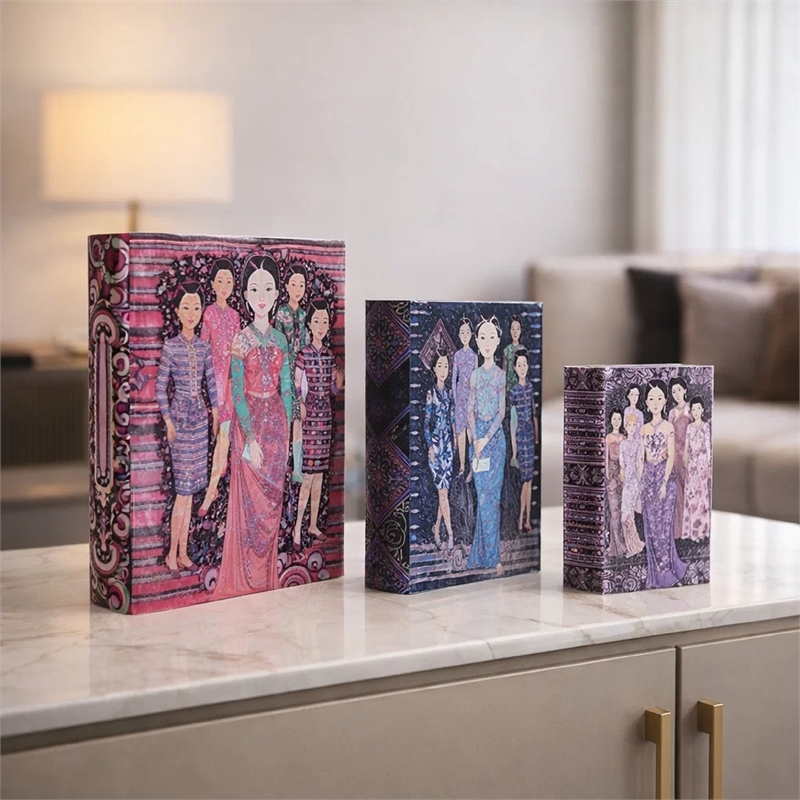 Meer Faux Book Storage Box Set of 3- Pink Black Fashion Illustrations- Silk