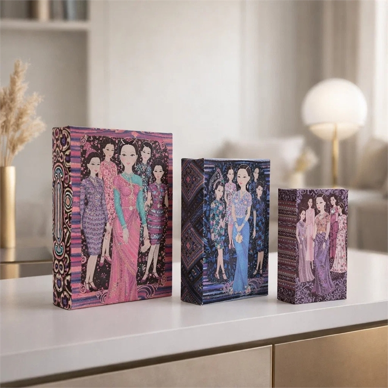 Meer Faux Book Storage Box Set of 3- Pink Black Fashion Illustrations- Silk
