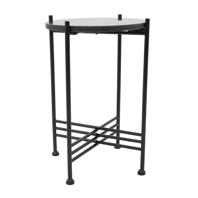 Azik Accent Table- 13 Inch Round Marble-Look Glass Top- Black Iron X Base