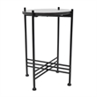 Azik Accent Table- 13 Inch Round Marble-Look Glass Top- Black Iron X Base