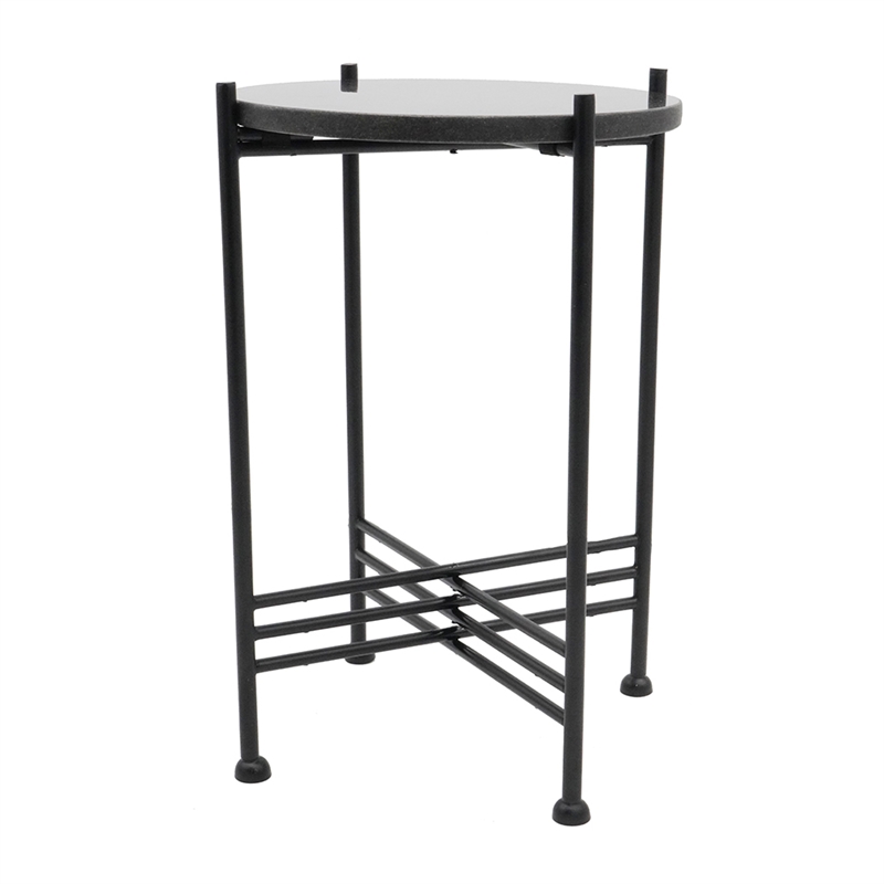 Azik Accent Table- 13 Inch Round Marble-Look Glass Top- Black Iron X Base