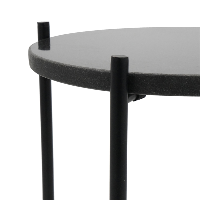 Azik Accent Table- 13 Inch Round Marble-Look Glass Top- Black Iron X Base