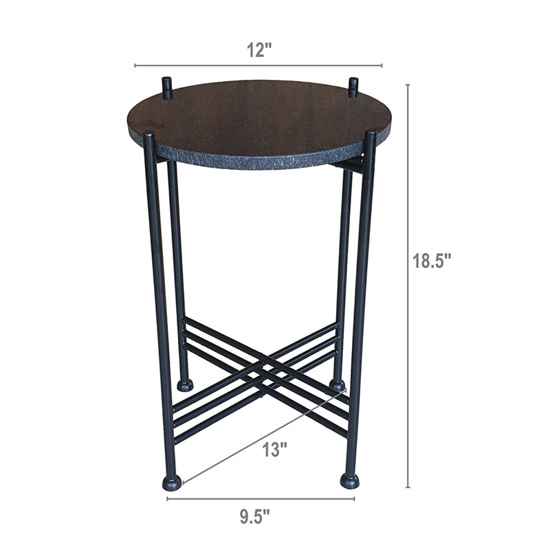 Azik Accent Table- 13 Inch Round Marble-Look Glass Top- Black Iron X Base
