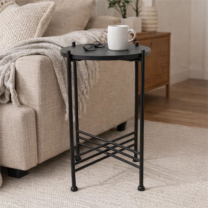 Azik Accent Table- 13 Inch Round Marble-Look Glass Top- Black Iron X Base