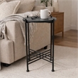 Azik Accent Table- 13 Inch Round Marble-Look Glass Top- Black Iron X Base