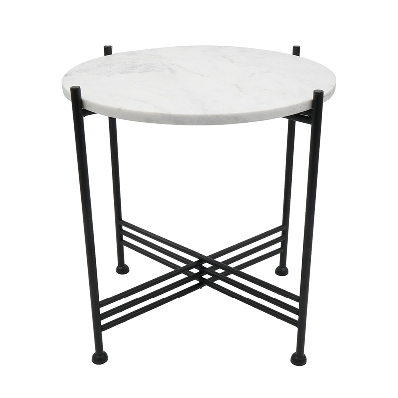 Azik Accent Table- 16 Inch Round White Marble-Look Glass Top- Black Iron