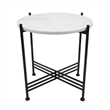 Azik Accent Table- 16 Inch Round White Marble-Look Glass Top- Black Iron