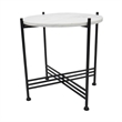Azik Accent Table- 16 Inch Round White Marble-Look Glass Top- Black Iron