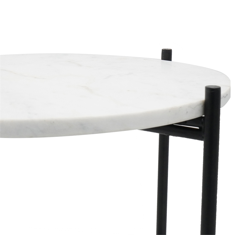 Azik Accent Table- 16 Inch Round White Marble-Look Glass Top- Black Iron