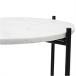 Azik Accent Table- 16 Inch Round White Marble-Look Glass Top- Black Iron
