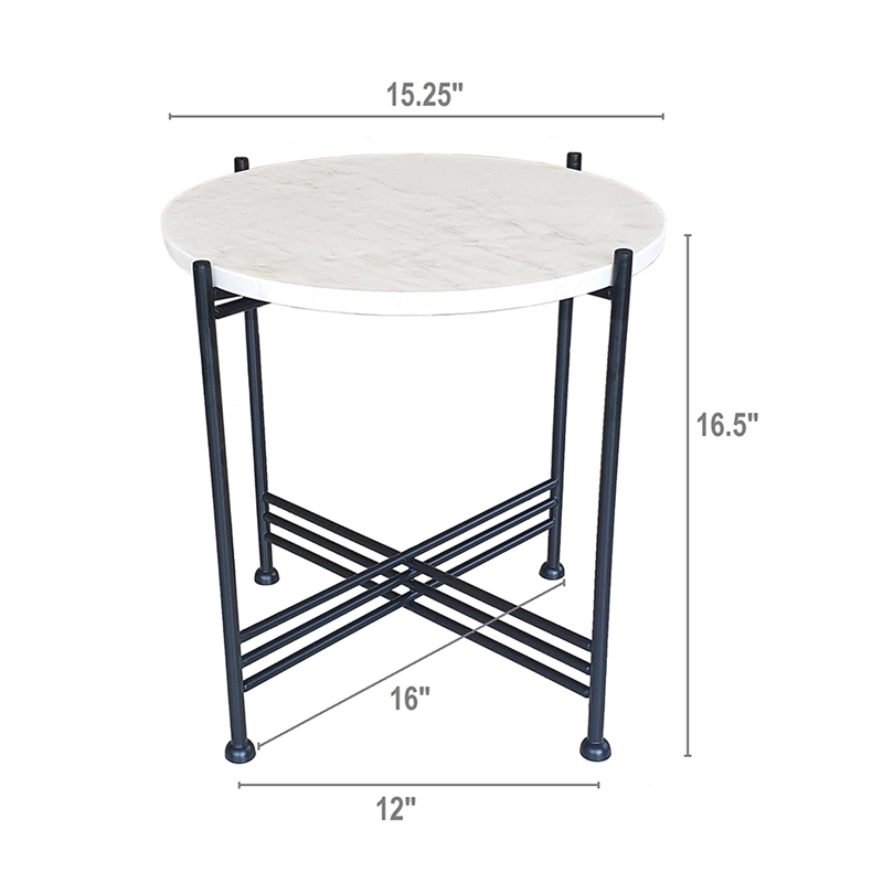 Azik Accent Table- 16 Inch Round White Marble-Look Glass Top- Black Iron