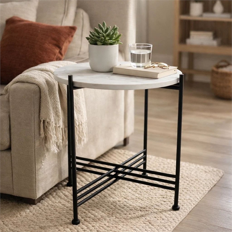 Azik Accent Table- 16 Inch Round White Marble-Look Glass Top- Black Iron