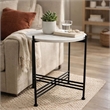 Azik Accent Table- 16 Inch Round White Marble-Look Glass Top- Black Iron