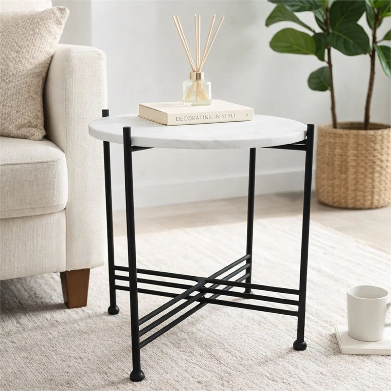 Azik Accent Table- 16 Inch Round White Marble-Look Glass Top- Black Iron