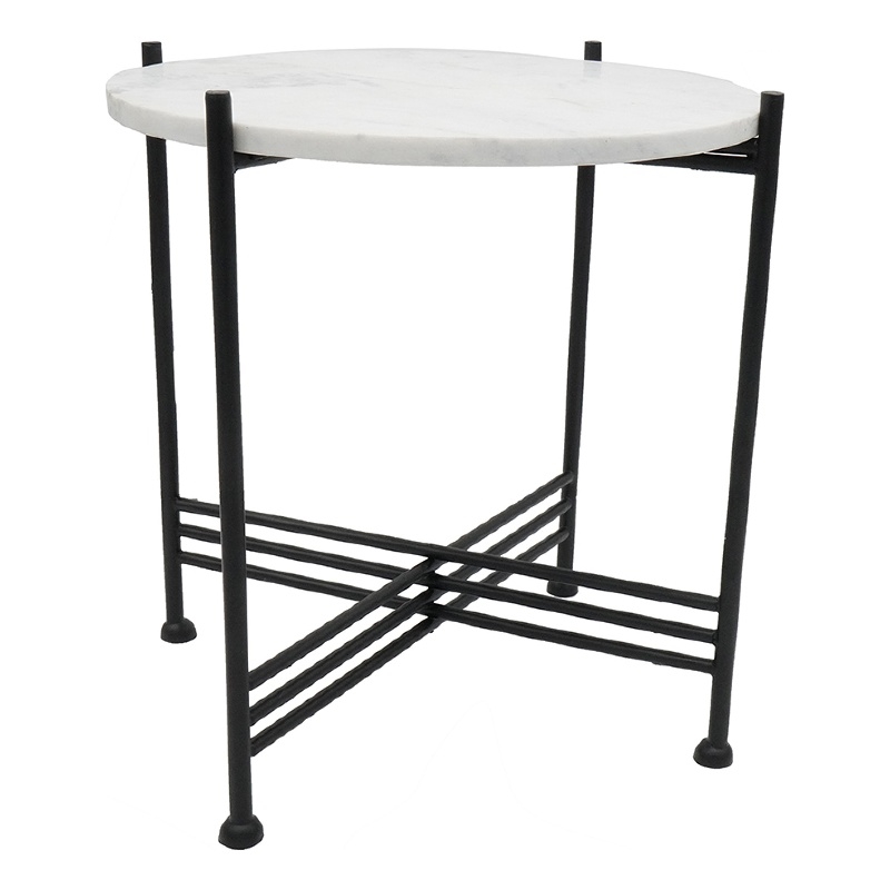 Azik Accent Table- 16 Inch Round White Marble-Look Glass Top- Black Iron