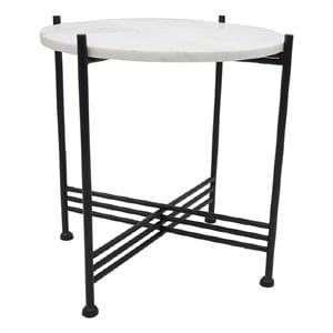 Azik Accent Table- 16 Inch Round White Marble-Look Glass Top- Black Iron