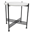 Azik Accent Table- 16 Inch Round White Marble-Look Glass Top- Black Iron