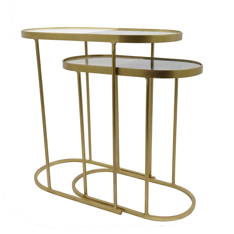 2pc Nesting Table Set- Marble Inlay Oval Top in White and Green- Gold Iron
