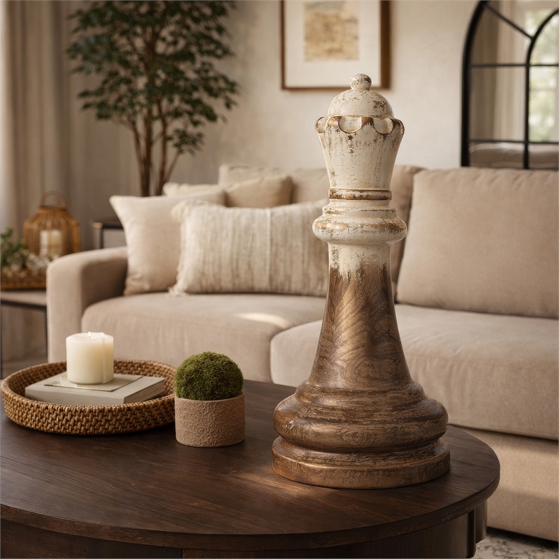 Tabletop Decor- King Chess Piece- Bronze and White Magnesium 21 Inch