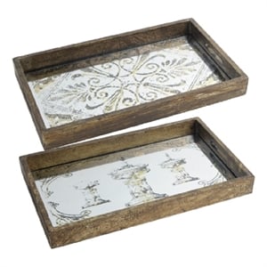 Gery Serving Tray Set of 2- Patterned Glass Base and Rustic Brown Frame