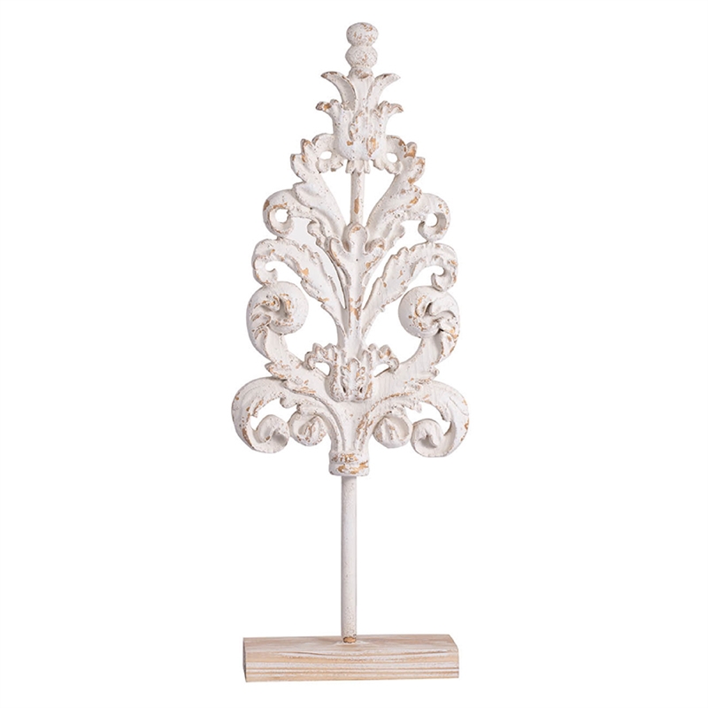 Awan Tabletop Decor- Leaf Scrollwork on Stand- White- Brown Wood- 26 Inch