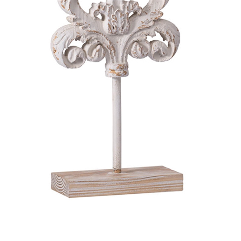 Awan Tabletop Decor- Leaf Scrollwork on Stand- White- Brown Wood- 26 Inch