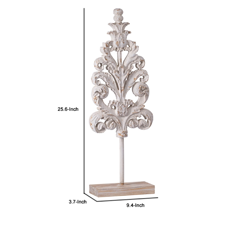 Awan Tabletop Decor- Leaf Scrollwork on Stand- White- Brown Wood- 26 Inch