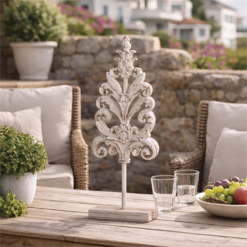 Awan Tabletop Decor- Leaf Scrollwork on Stand- White- Brown Wood- 26 Inch