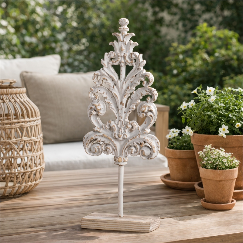 Awan Tabletop Decor- Leaf Scrollwork on Stand- White- Brown Wood- 26 Inch