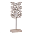 Awan Tabletop Decor- Fleur Scrollwork w Base Stand- White- Brown Wood 17 Inch