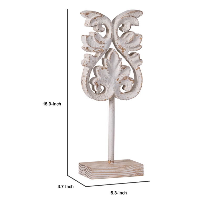 Awan Tabletop Decor- Fleur Scrollwork w Base Stand- White- Brown Wood 17 Inch