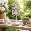 Awan Tabletop Decor- Fleur Scrollwork w Base Stand- White- Brown Wood 17 Inch
