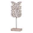 Awan Tabletop Decor- Fleur Scrollwork w Base Stand- White- Brown Wood 17 Inch
