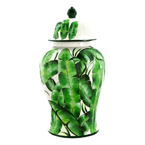 Jesu Temple Jar with Lid- White Green Palm Leaf Accent- 18 Inch Porcelain